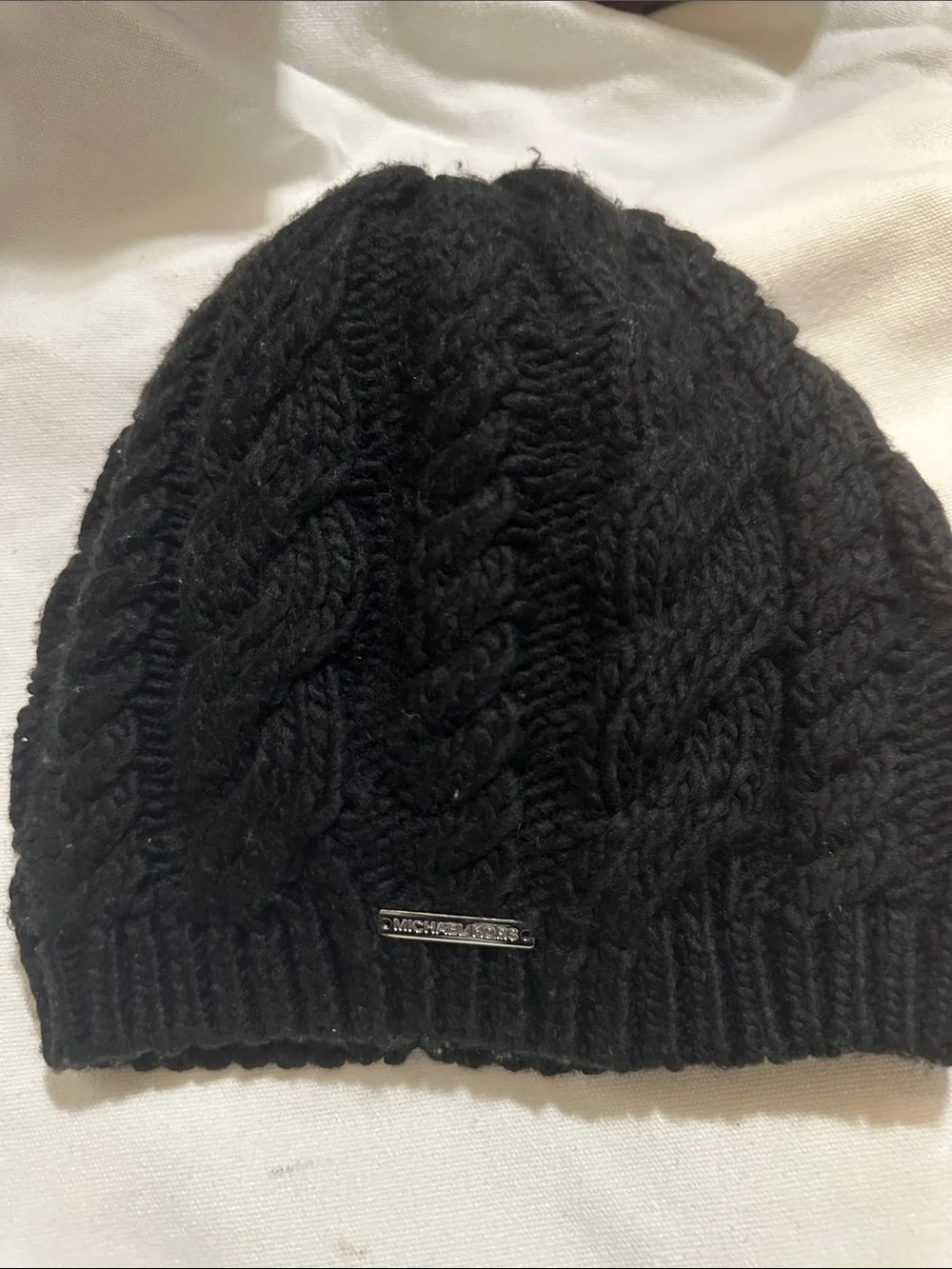 Michael Kors Black Cable-Knit Logo Beanie